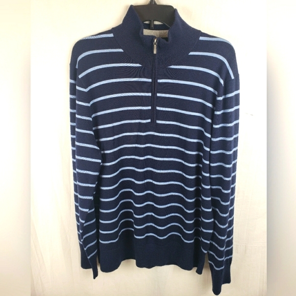 Brooks Brothers Quarter Zip Navy Striped Long Sleeve Fine Merino Wool Sz XL - Picture 1 of 8